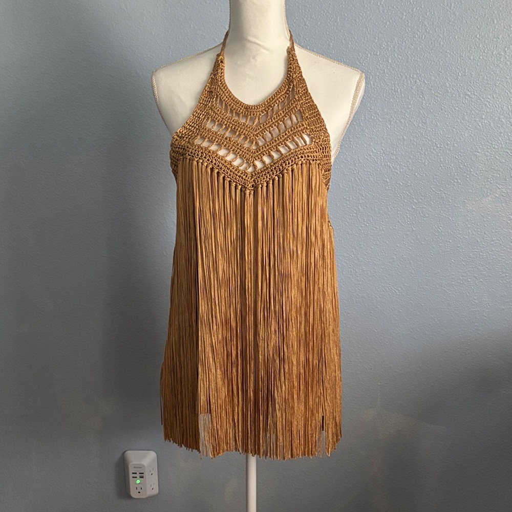 Boston Proper Tan Fringe Halter Tank Top